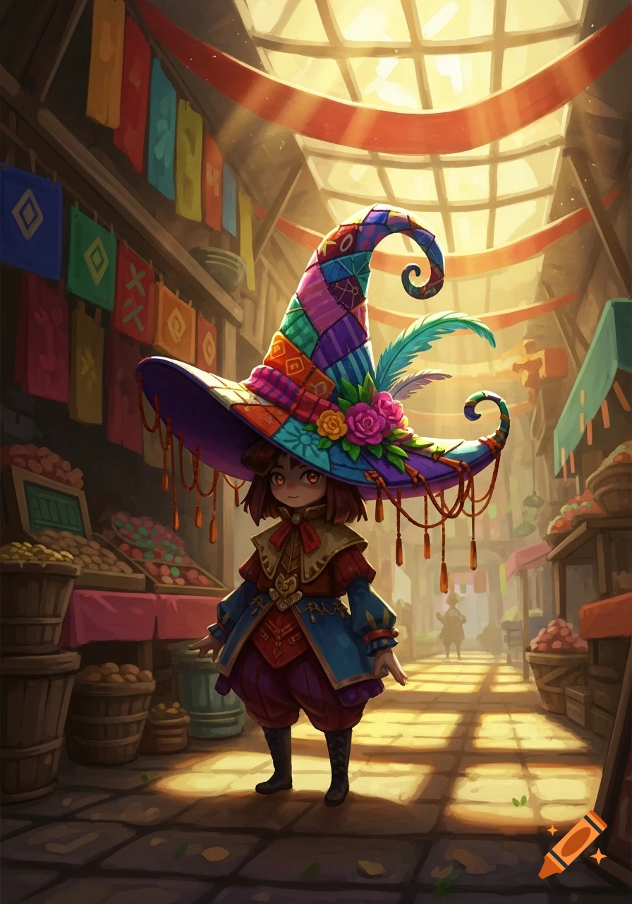 A small, cute character with a huge, colorful patchwork witch's hat stands in a bustling, sunlit market.