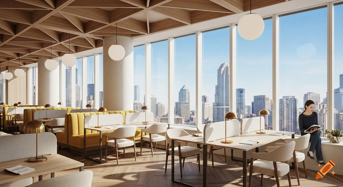 A modern coworking lounge with mustard yellow seating, wooden floors, and large windows overlooking a city skyline, where a woman reads.