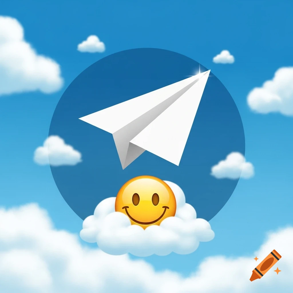 A white paper plane flies against a bright blue sky with fluffy white clouds, above a smiling yellow emoji resting on a cloud.