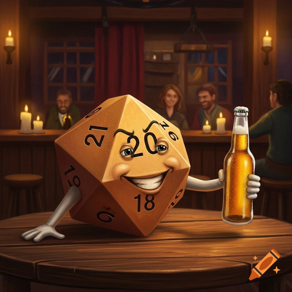 An anthropomorphic 20-sided die with a smiling face and arms holds a beer bottle on a tavern table, with blurred patrons in the background. Cartoon style.