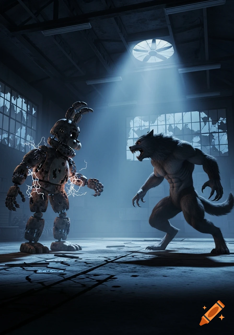 Withered Bonnie, an animatronic, confronts a snarling werewolf in a dark, dilapidated industrial building lit by a spotlight.