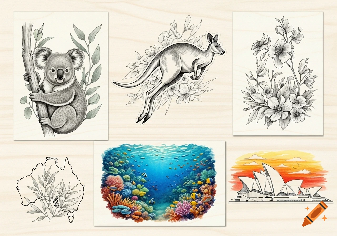 A collage of Australian themed illustrations: a koala, kangaroo, coral reef, Sydney Opera House, and map outline.