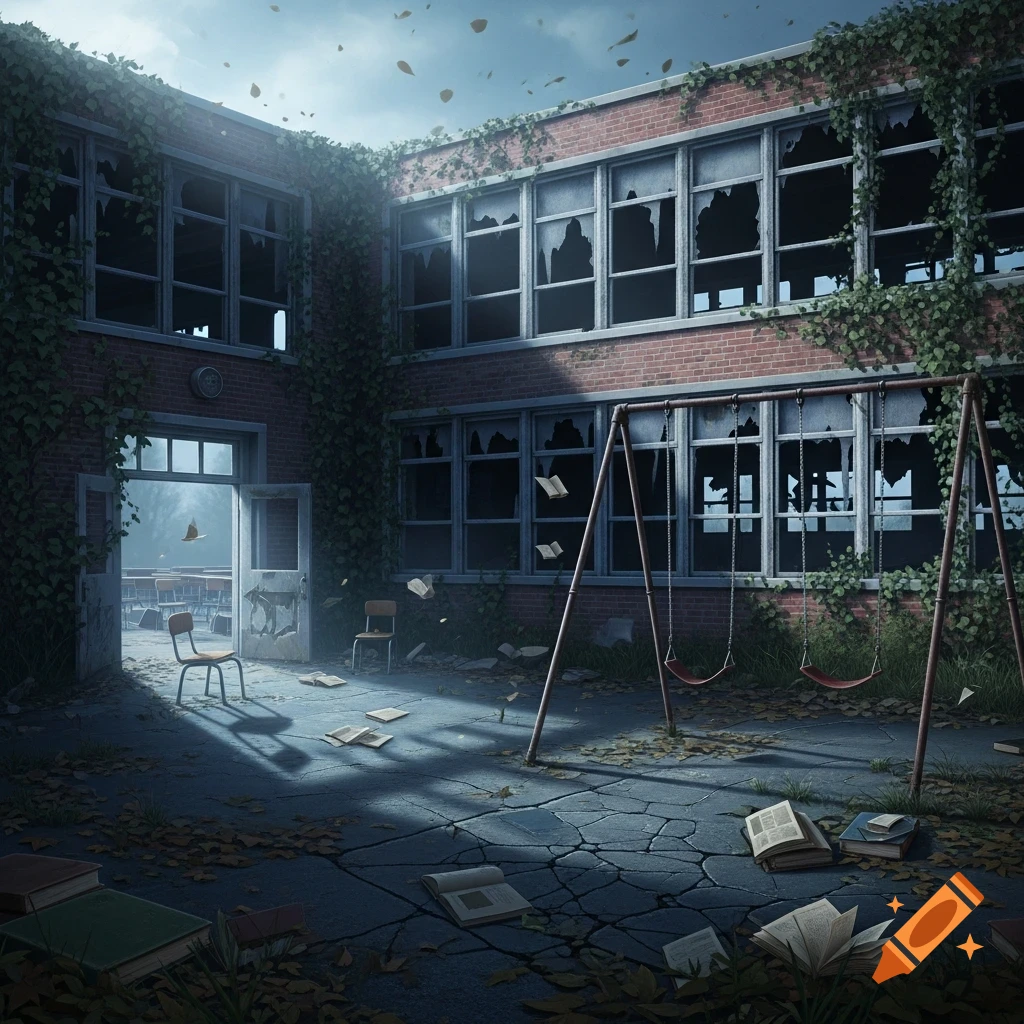 Photorealistic image of an abandoned elementary school courtyard with broken windows, overgrown vines, a swing set, and scattered books.