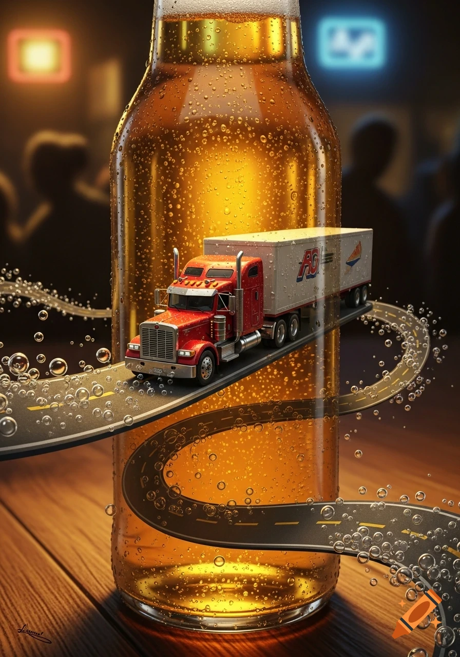 A red semi-truck drives on a winding road inside a beer bottle filled with golden liquid and bubbles, set against a blurred bar background.