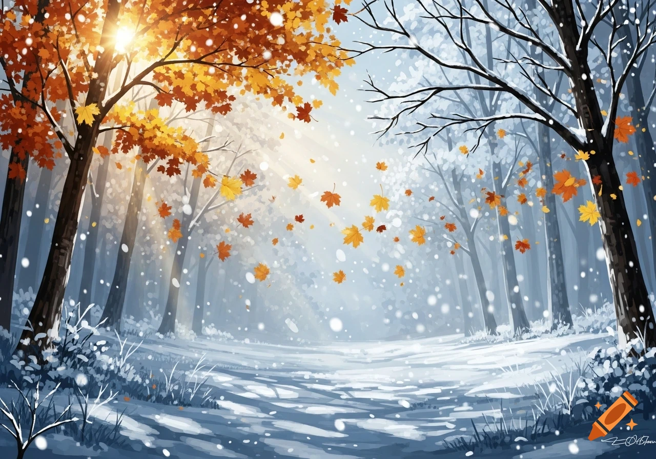 Illustrative landscape of a forest where autumn trees with golden leaves meet snow-covered winter trees under falling snow.