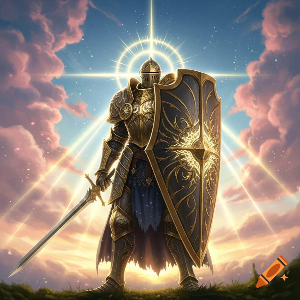 A golden-armored knight with a massive ornate shield and sword stands on a hill beneath a celestial sky with divine light.