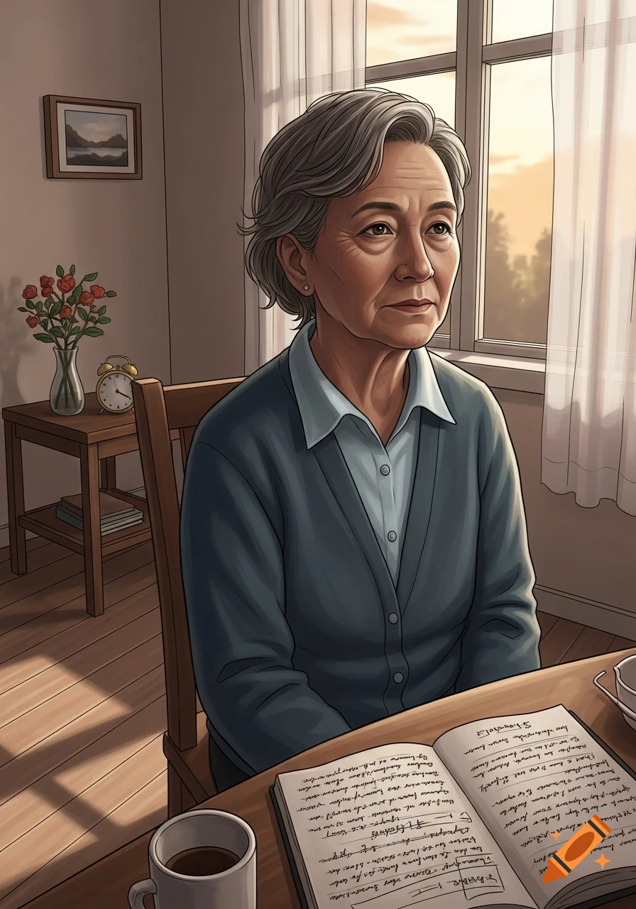 Illustration of a grey-haired elderly woman sitting at a table, looking out a sunlit window, with a book and coffee.