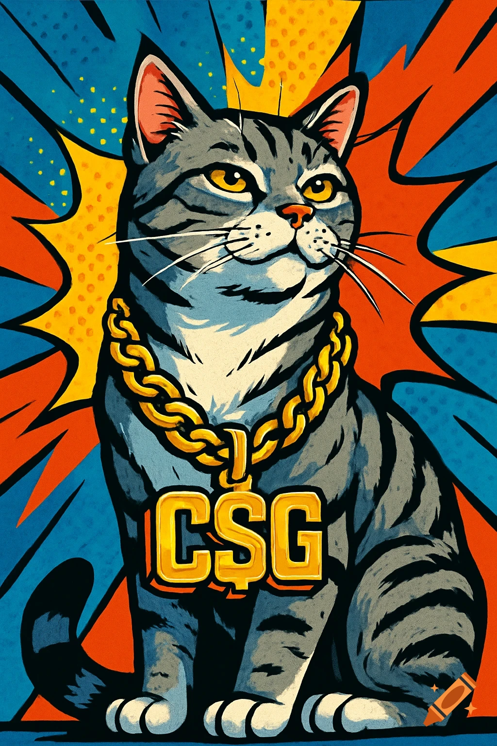 Pop art illustration of a gray tabby cat wearing a gold chain with a 'C$G' pendant, against an explosive blue and orange background.