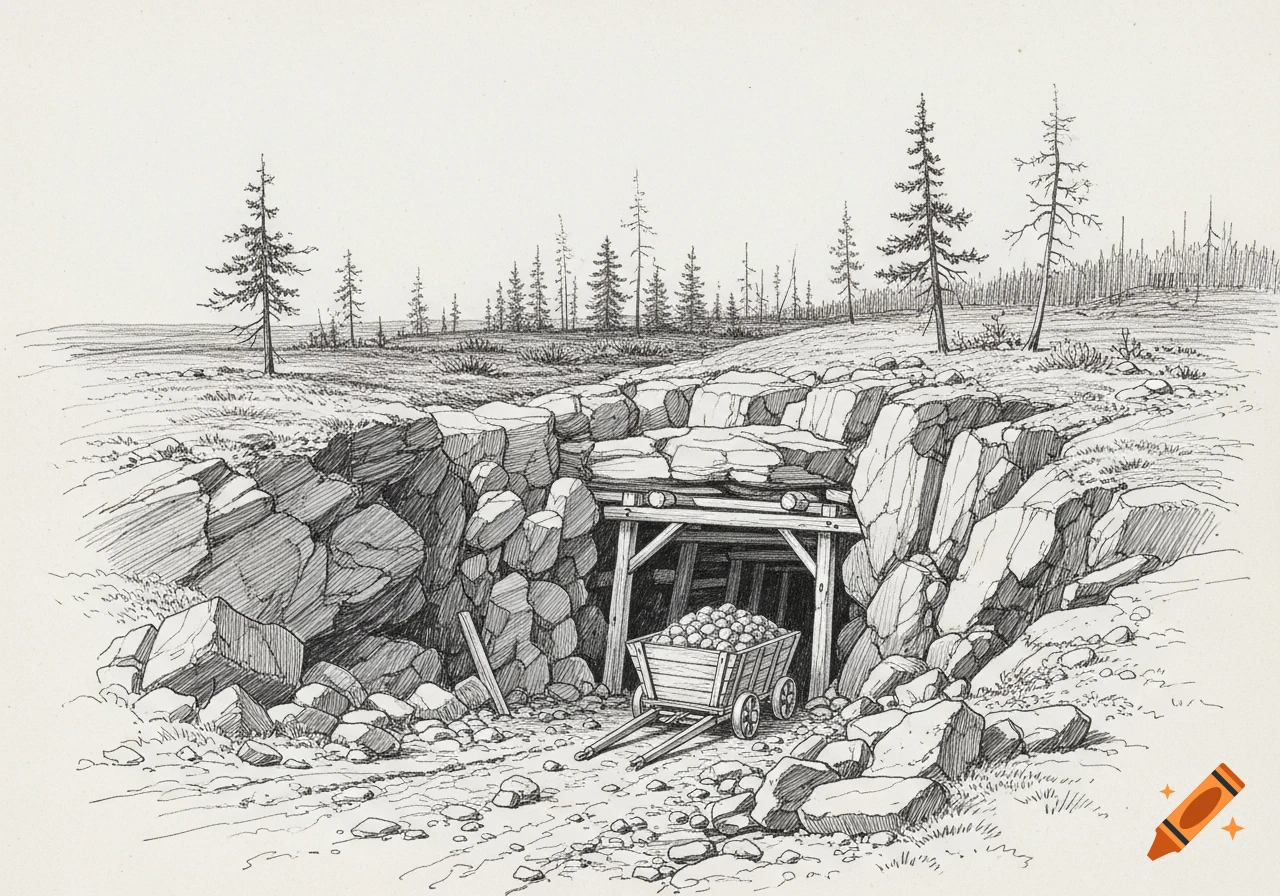An ink sketch of a mine entrance with a cart full of ore, surrounded by rocks and sparse trees in a desolate landscape.