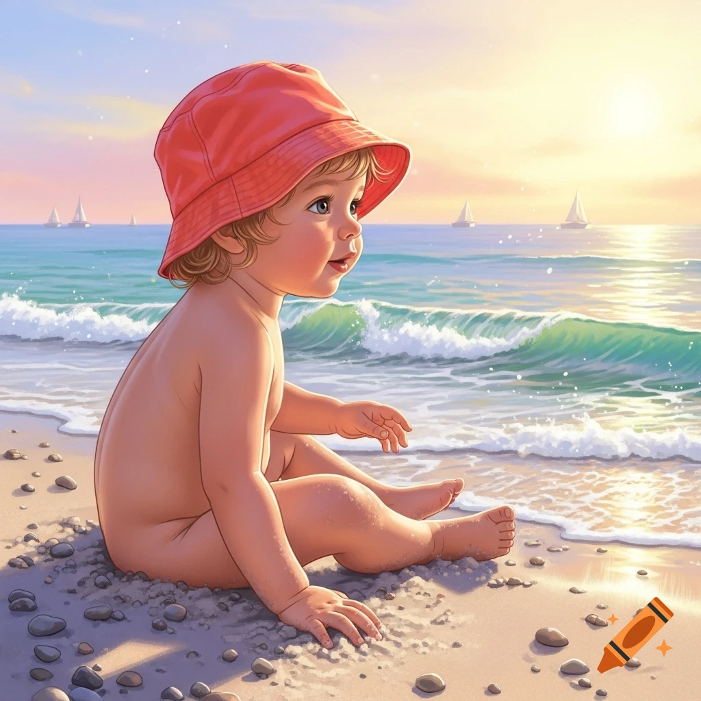 A cute toddler in a red bucket hat sits naked on a sandy beach, looking towards sailboats on the ocean at sunset.