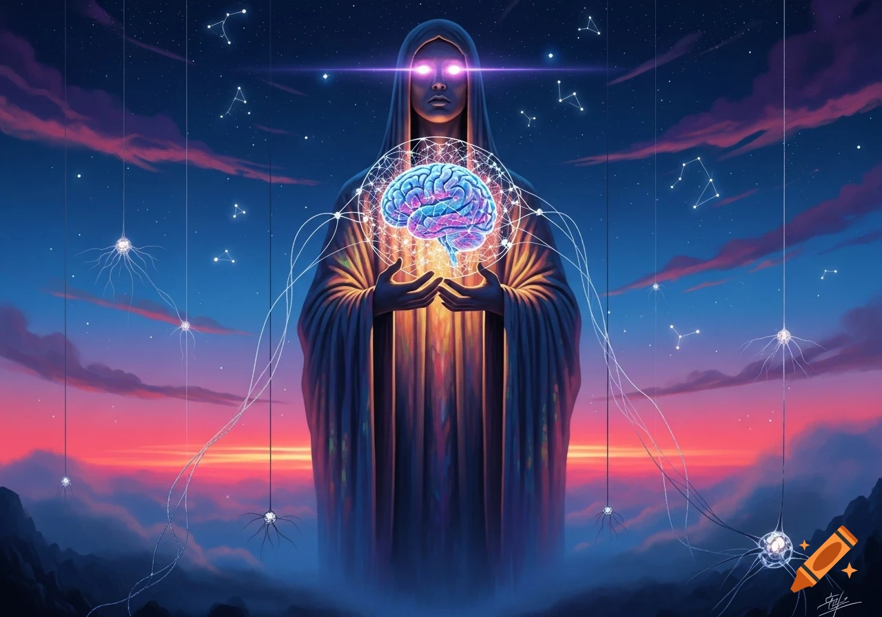 A robed figure with glowing eyes holds a vibrant, glowing brain against a cosmic backdrop of stars, nebulae, and neural connections, in a digital art style.