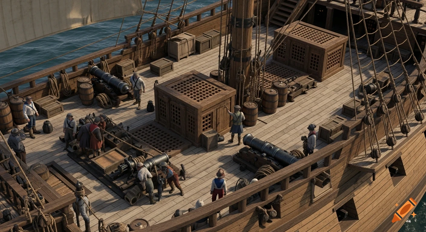 Photorealistic overhead view of the wooden deck of a 1700s British war galleon with crew members, cannons, and barrels.