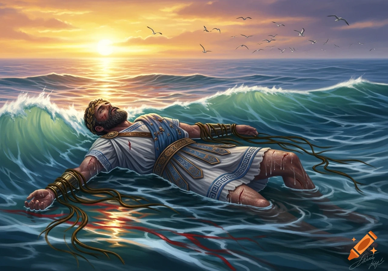 An injured man in ancient Greek attire, bound, floats face up in the ocean at sunset with seagulls flying above.