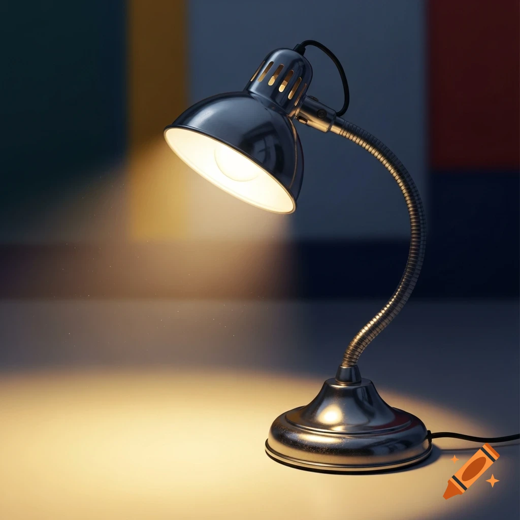 A silver gooseneck desk lamp shines a warm light onto a surface in a dimly lit room with color-blocked walls.