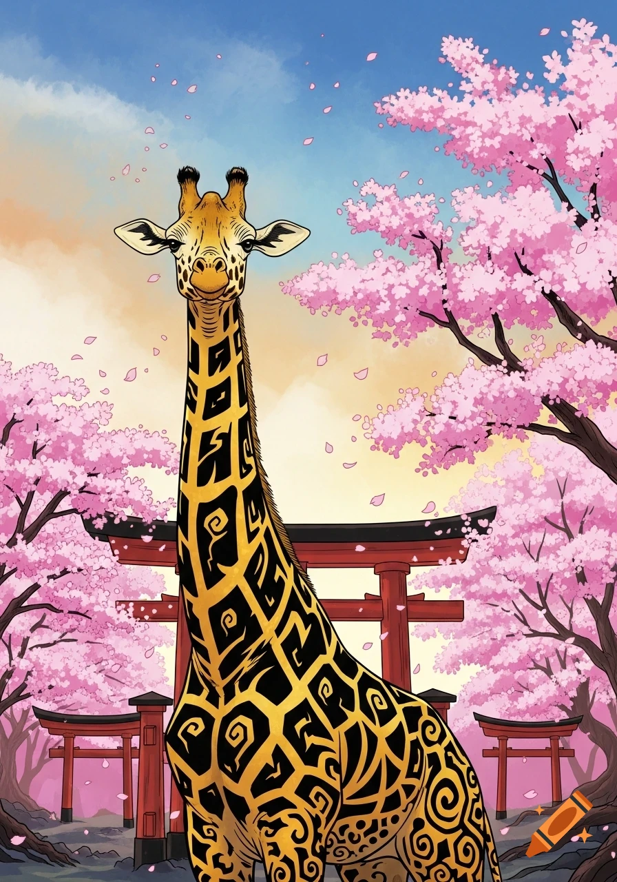 A giraffe with black, swirling patterns stands amidst pink cherry blossoms and red torii gates, in an Okami-inspired art style.