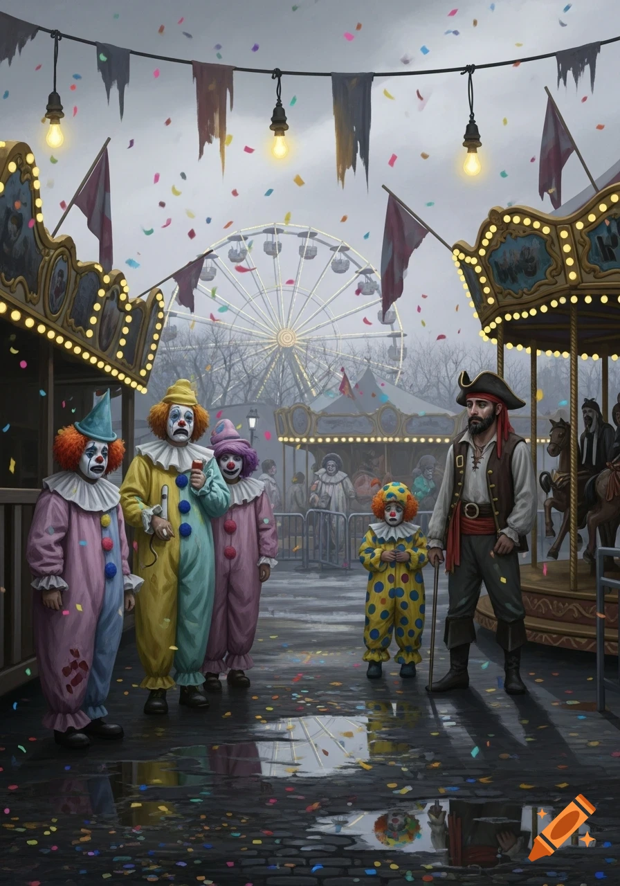 Sad clowns and a pirate stand in a gloomy, rainy carnival with a Ferris wheel, falling confetti, and puddles on the ground.