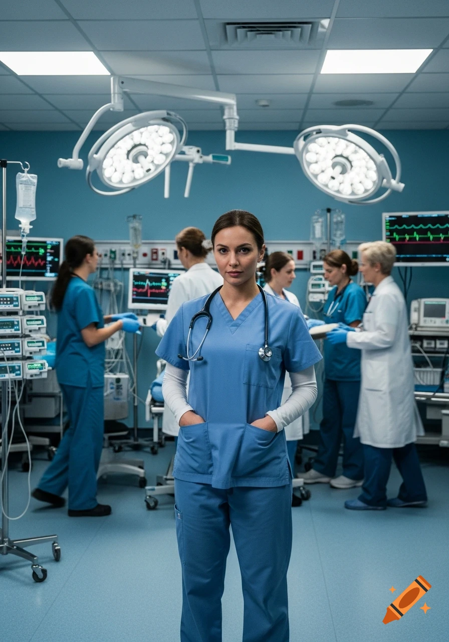 Photorealistic image of a female nurse in blue scrubs with a stethoscope, standing in an operating room with medical staff.