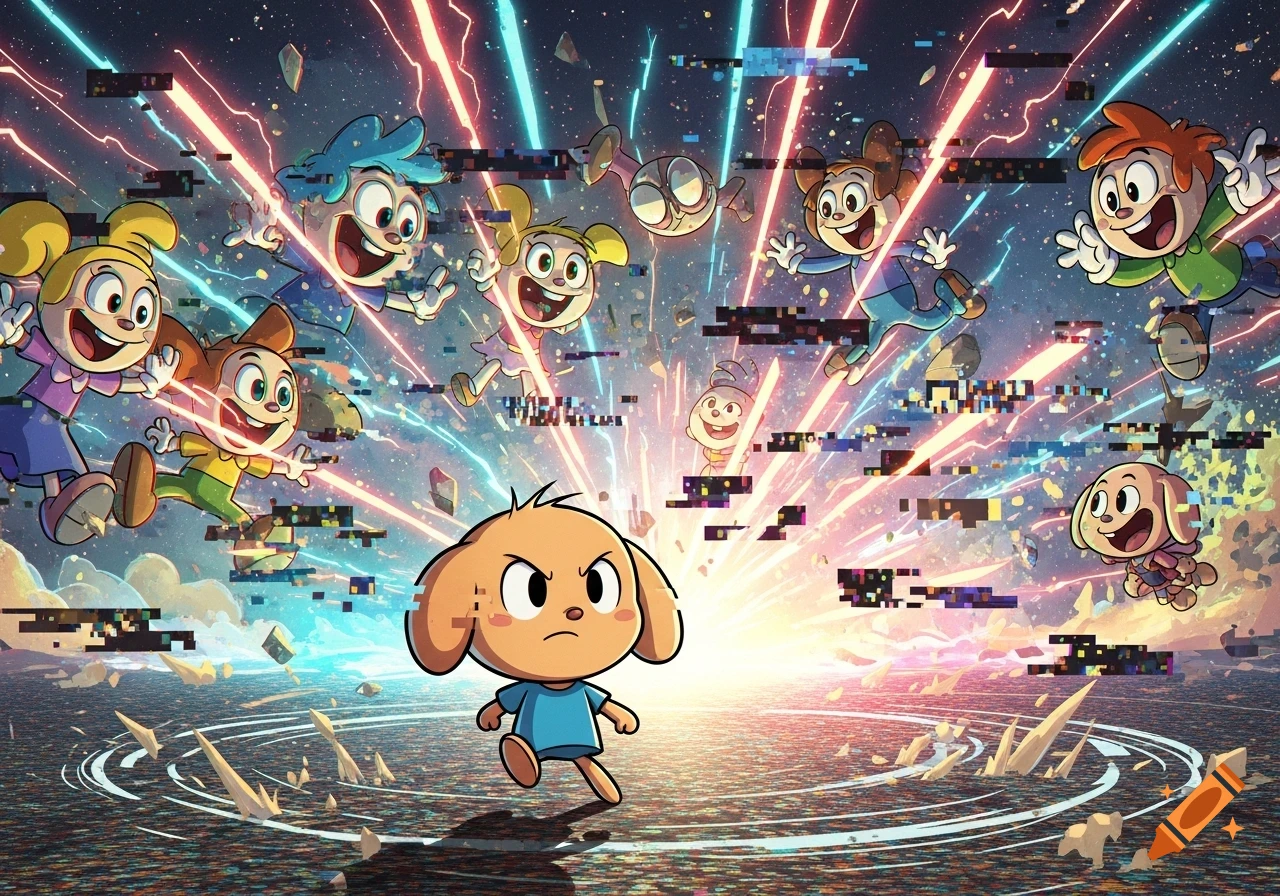 Cartoon characters with expressive faces, surrounded by colorful glitching effects and light beams in a cosmic background.