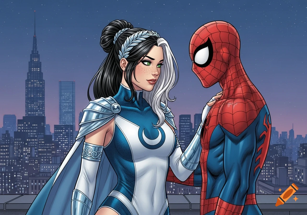 Comic art of a female superhero with black and white hair looking affectionately at Spider-Man on a city rooftop at night.