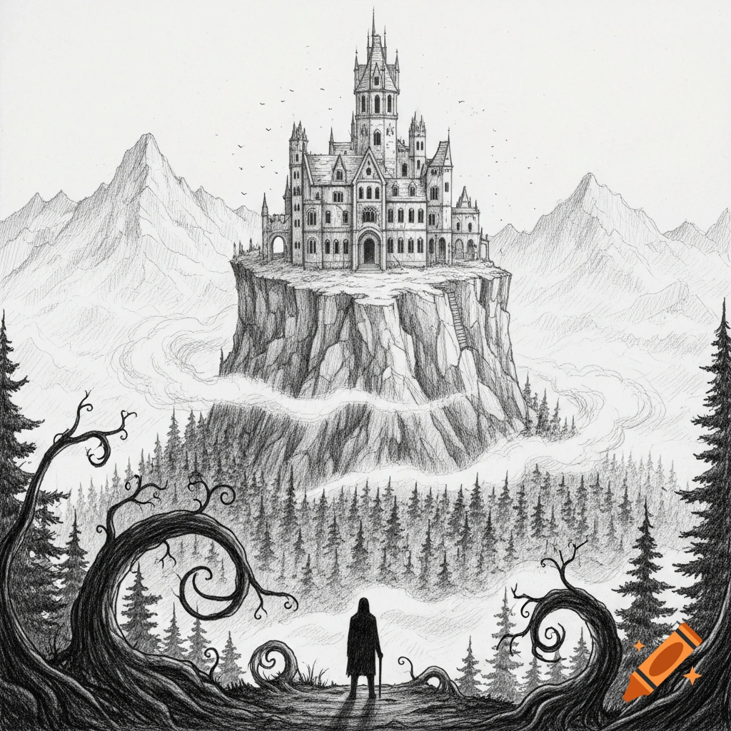 Pencil drawing of a figure looking up at a detailed gothic castle on a ...