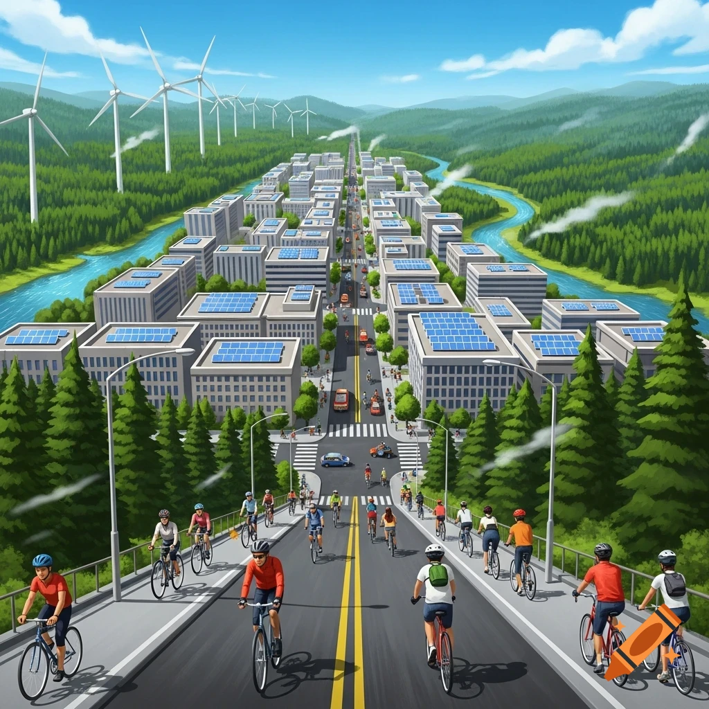 Vibrant illustrated city with cyclists, buildings with solar panels, wind turbines, and a river flowing through lush green forests.