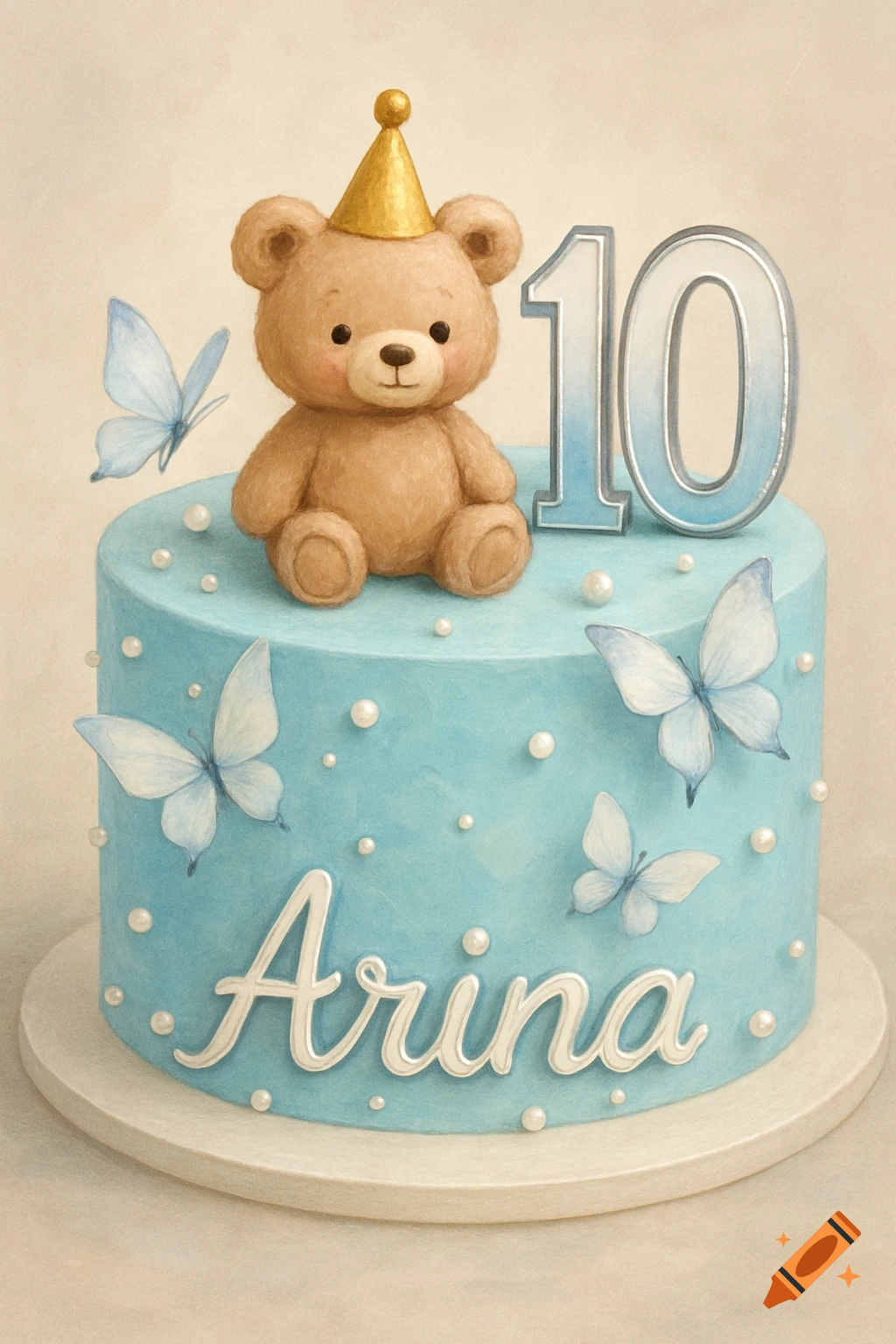 Watercolor birthday cake with a teddy bear, number 10, blue butterflies, and 'Arina' in white script.