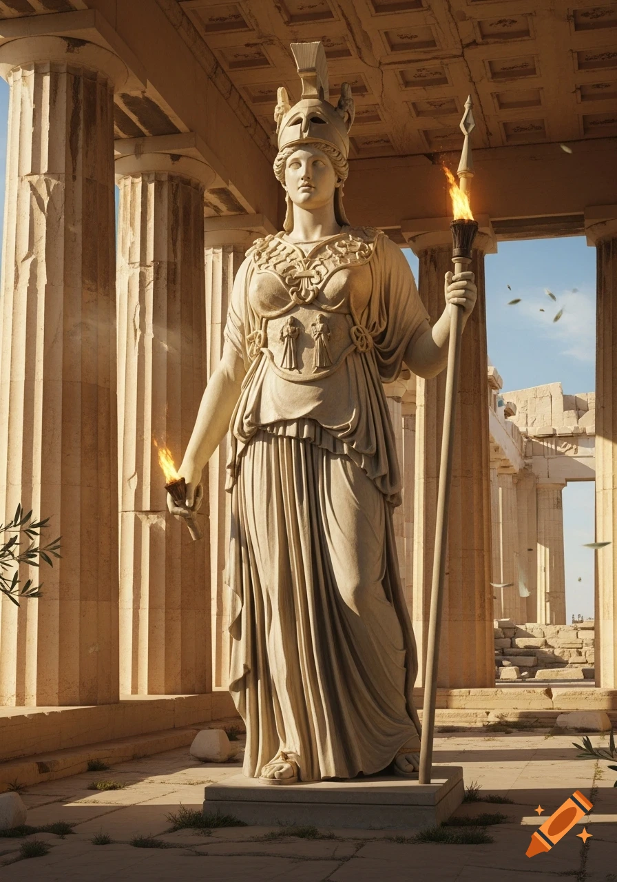 Photorealistic stone statue of Athena in full armor, holding two flaming torches, standing among the columns of the Parthenon.