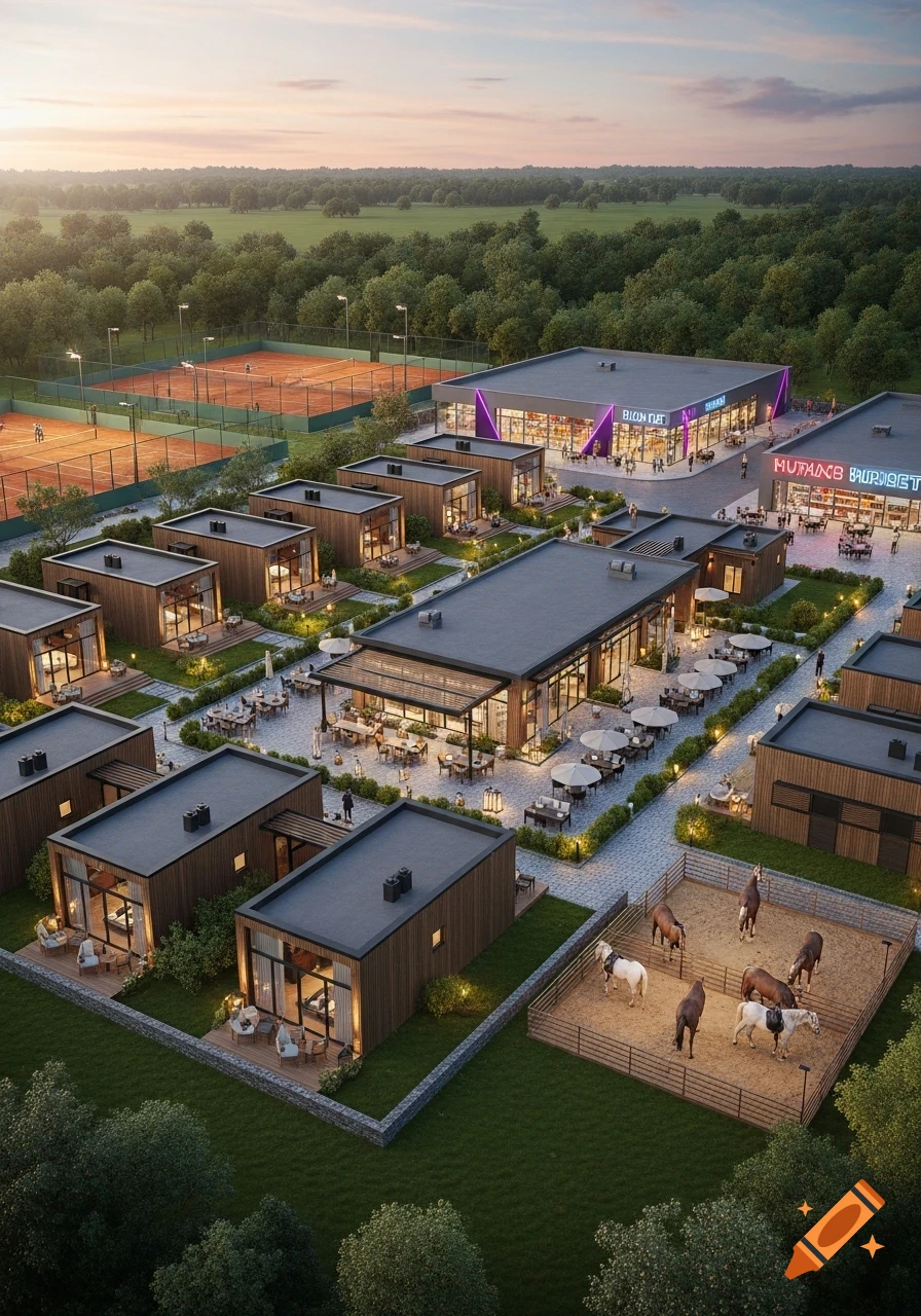 Aerial view of a modern resort complex with wooden cabins, a main building with shops, tennis courts, and a horse stable with several horses, set against a backdrop of green fields.
