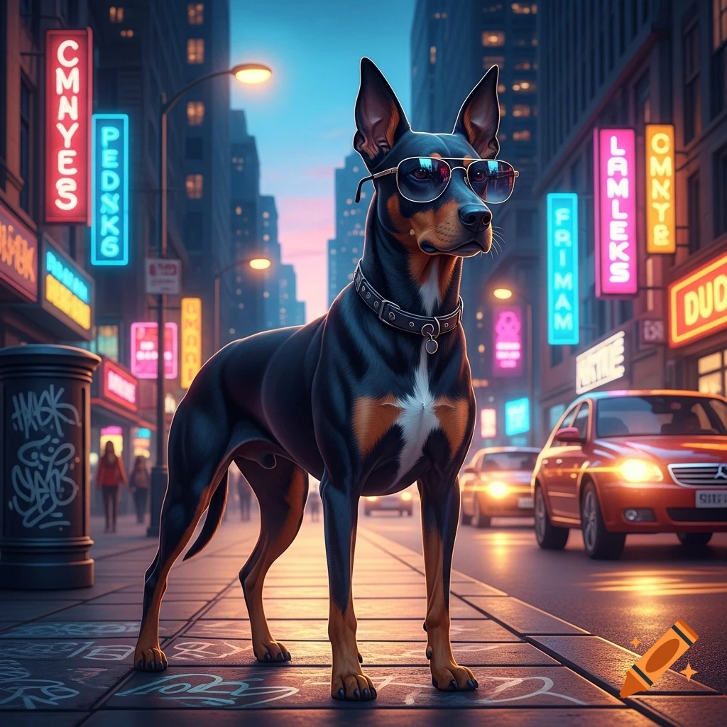 A stylish black and tan dog wearing sunglasses and a studded collar stands on a city street at dusk, surrounded by glowing neon signs and cars.