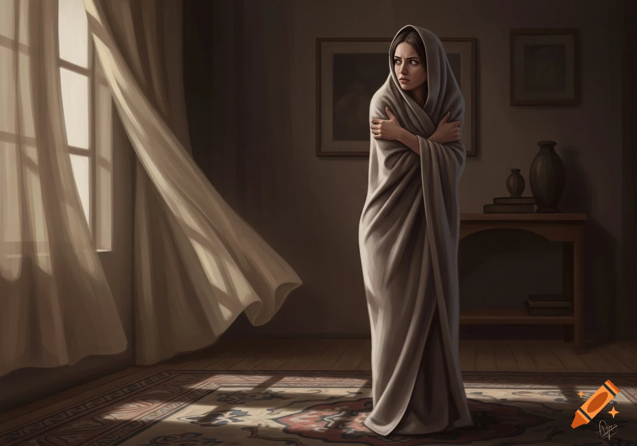 A woman wrapped in a blanket stands uncomfortably in a dimly lit room with blowing curtains, a realistic digital painting.