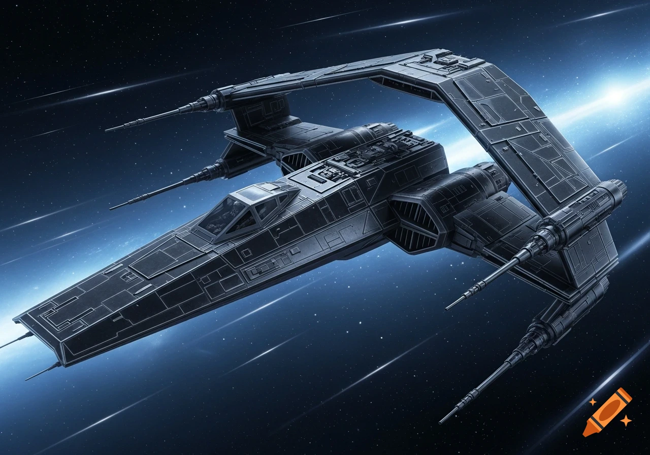 A sleek, dark grey spaceship with swept-back wings flies through a starfield with light streaks.