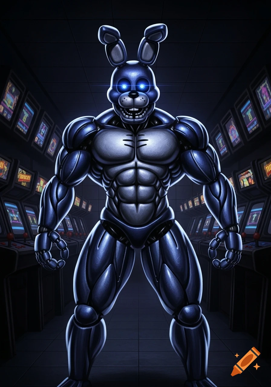 A muscular blue animatronic rabbit from Five Nights at Freddy's, with glowing blue eyes, stands in a dark arcade.