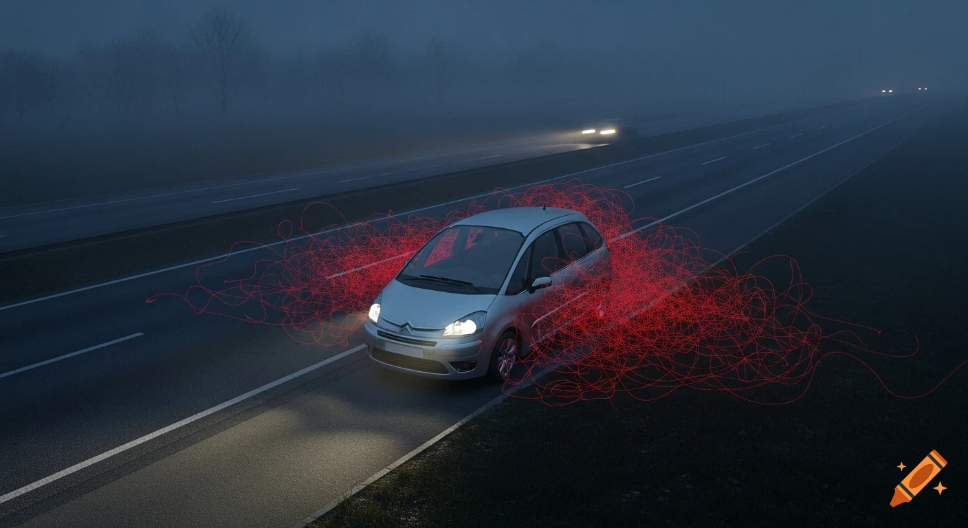 Silver Citroen Picasso on a foggy motorway at night with red filament-like strands emanating from it, seen from above.