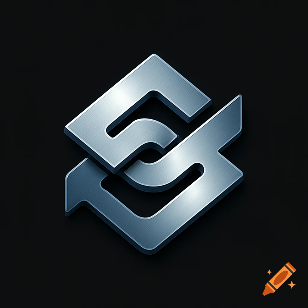 A shiny metallic abstract logo with brushed texture, casting a shadow on a dark background.