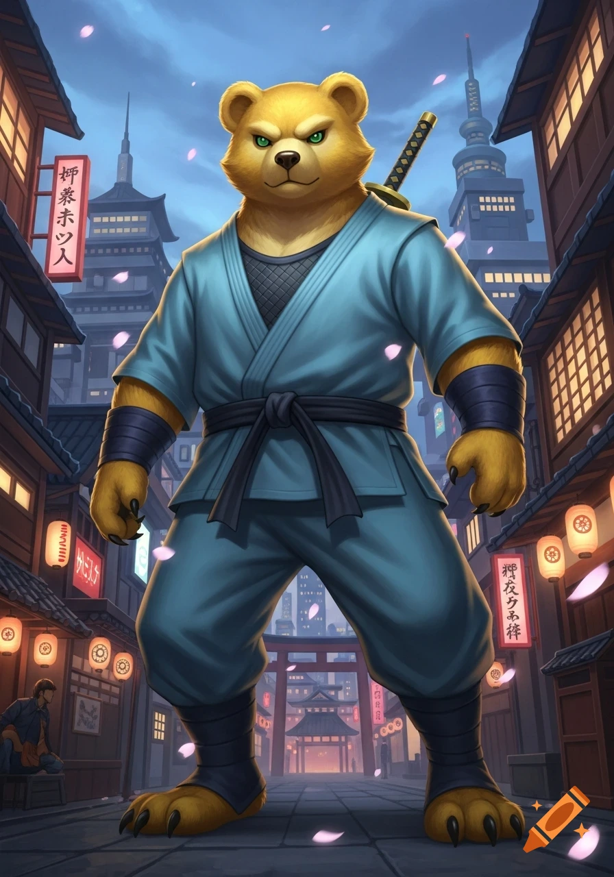 A golden bear in a blue ninja suit with a katana stands on a stylized Japanese street with falling cherry blossoms.