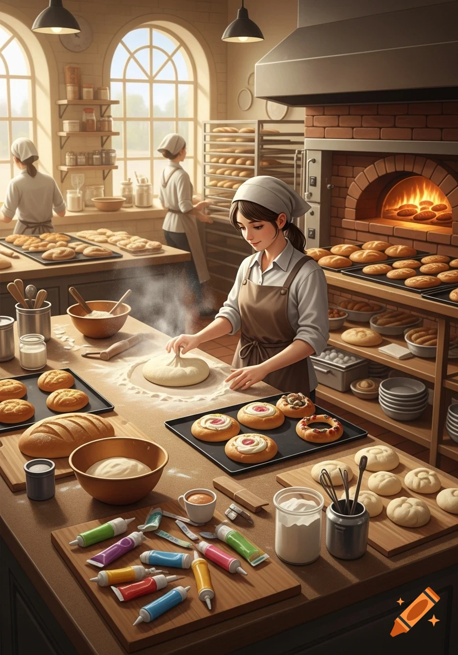 A skilled baker kneading dough at a wooden table in a busy, rustic bakery, surrounded by fresh bread and pastries.
