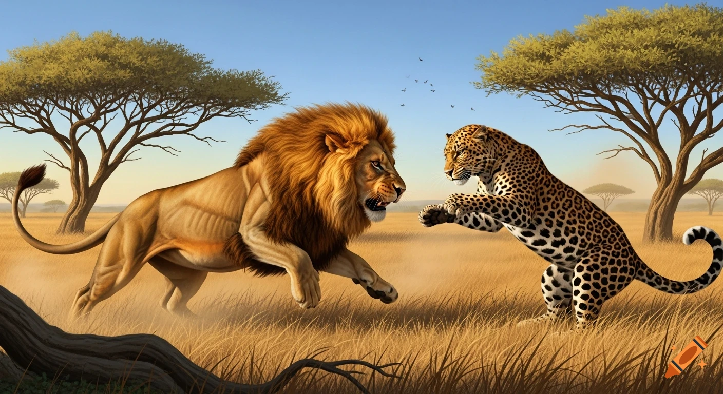 A photorealistic image of a male lion and a leopard facing each other in a dry grassy savannah with acacia trees under a blue sky.