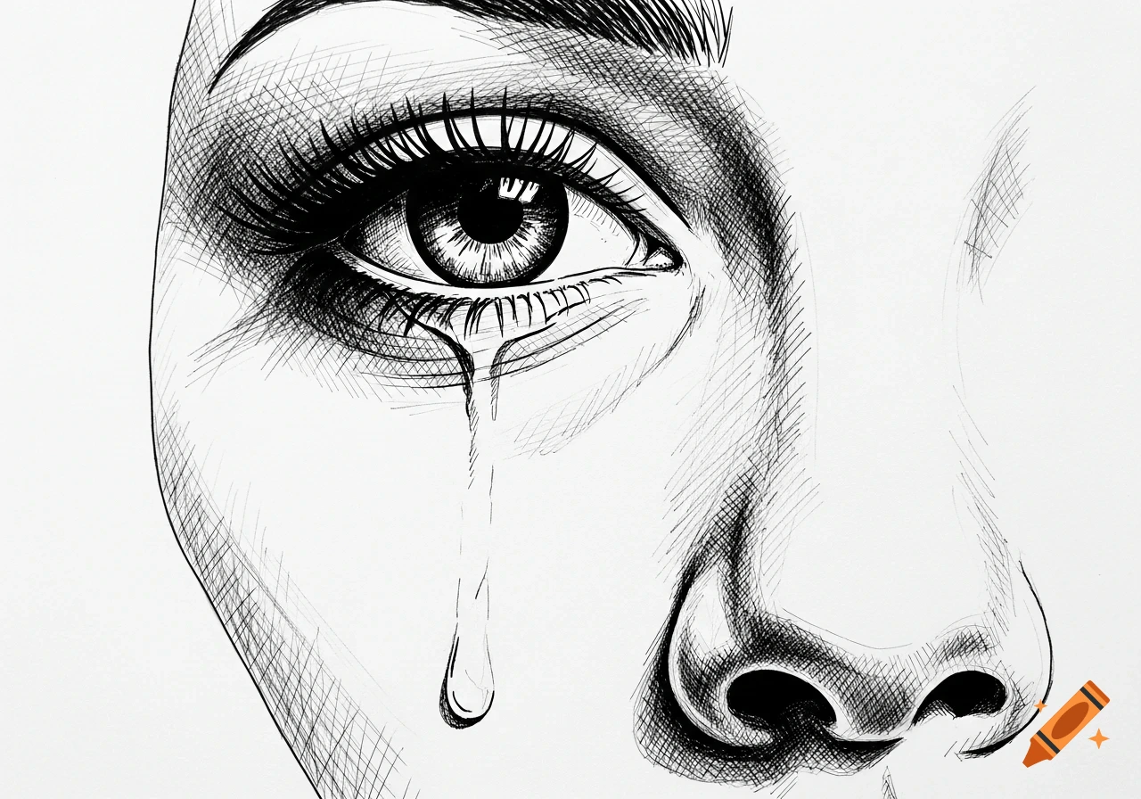A black and white sketch art of a woman's eye and nose, with a tear falling from her eye.