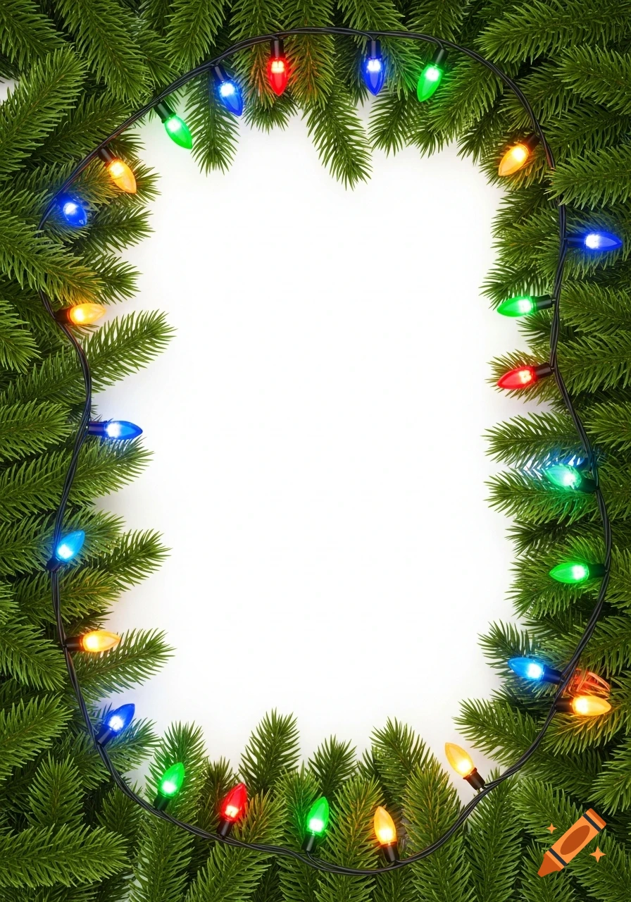 Photorealistic Christmas frame made of green pine branches adorned with multicolored string lights, surrounding a white background.
