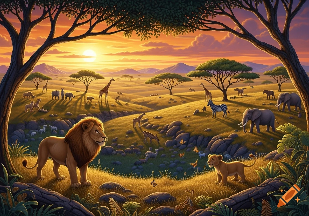 A vibrant cartoon savanna landscape at sunset with a lion, cub, zebras, giraffes, and elephants framed by trees.