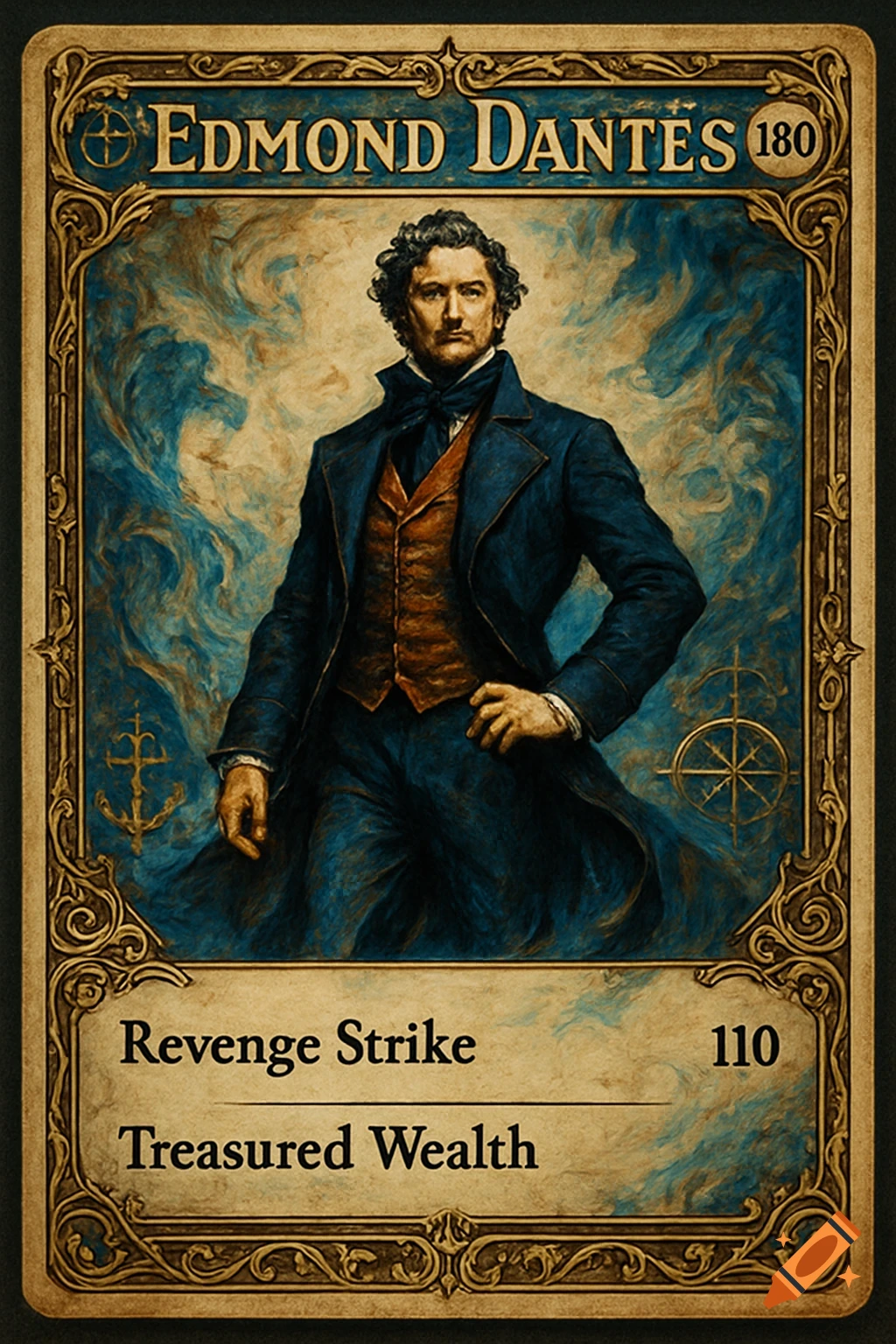 Stylized portrait of Edmond Dantes on a vintage-style trading card with text 'Revenge Strike' and 'Treasured Wealth'.