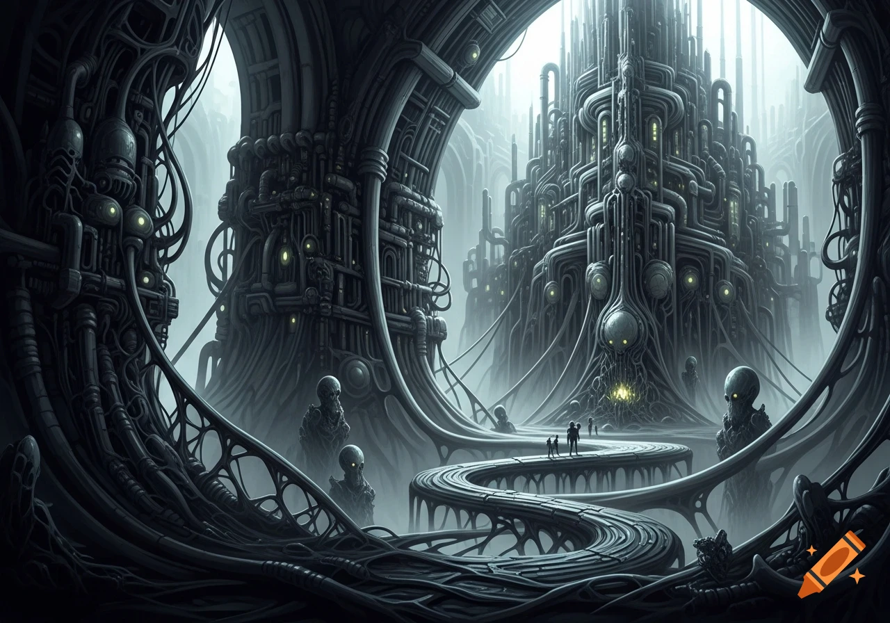 A dark, intricate biomechanical cityscape in H.R. Giger style, with towering organic structures, winding paths, and small figures.
