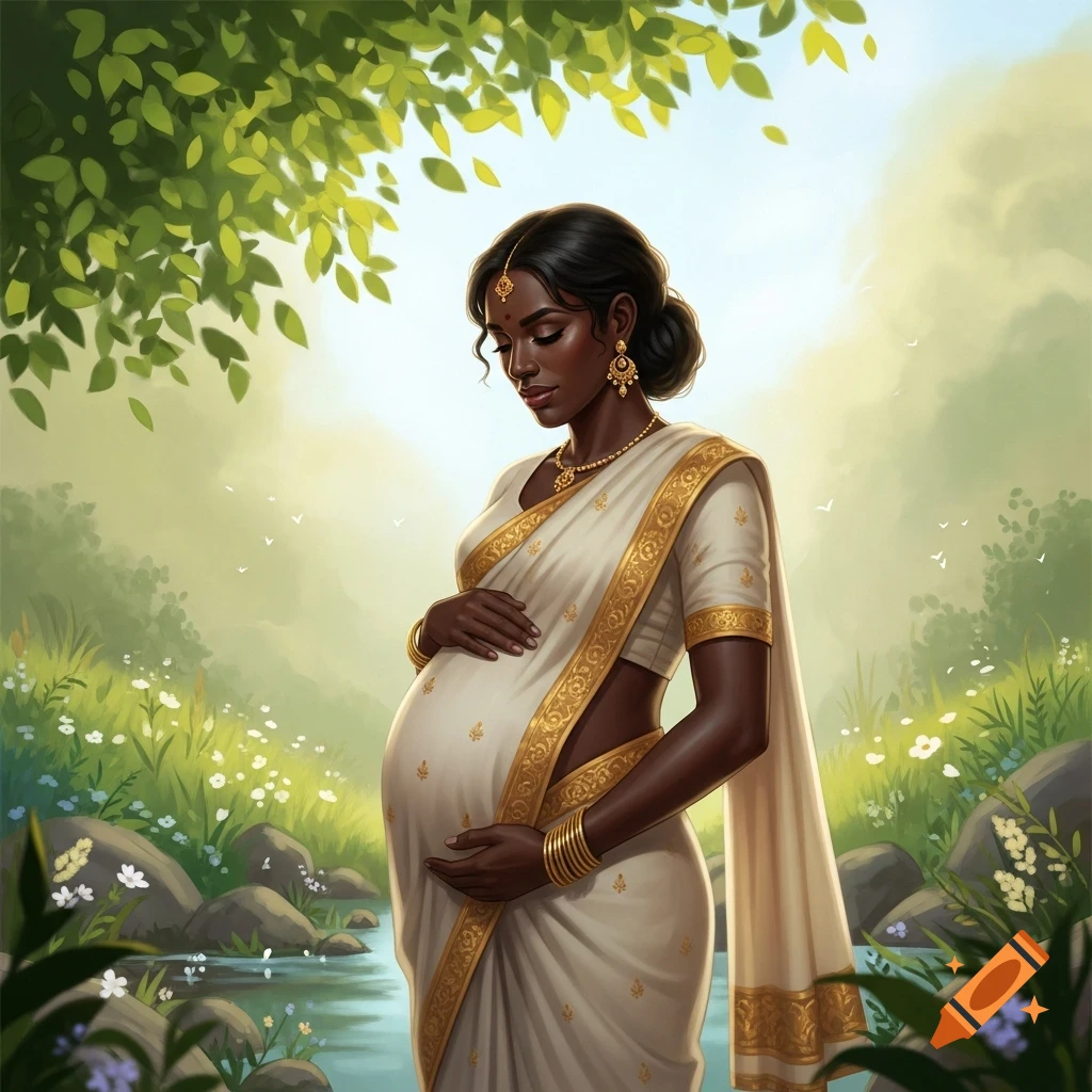 An illustrative painting of a dark-skinned pregnant woman in a white and gold sari, holding her belly in a serene natural setting.
