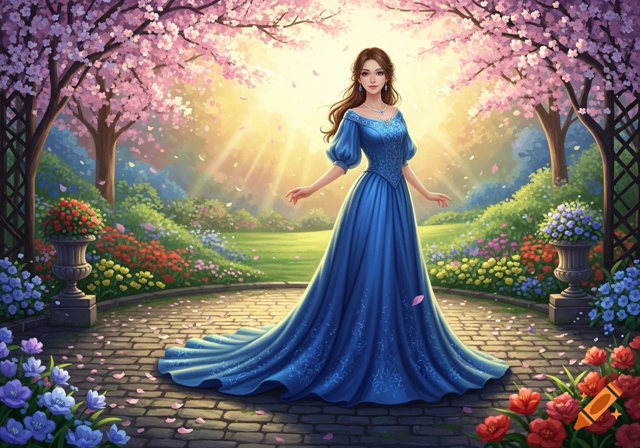 A fantasy illustration of a woman in a long blue dress standing in a ...