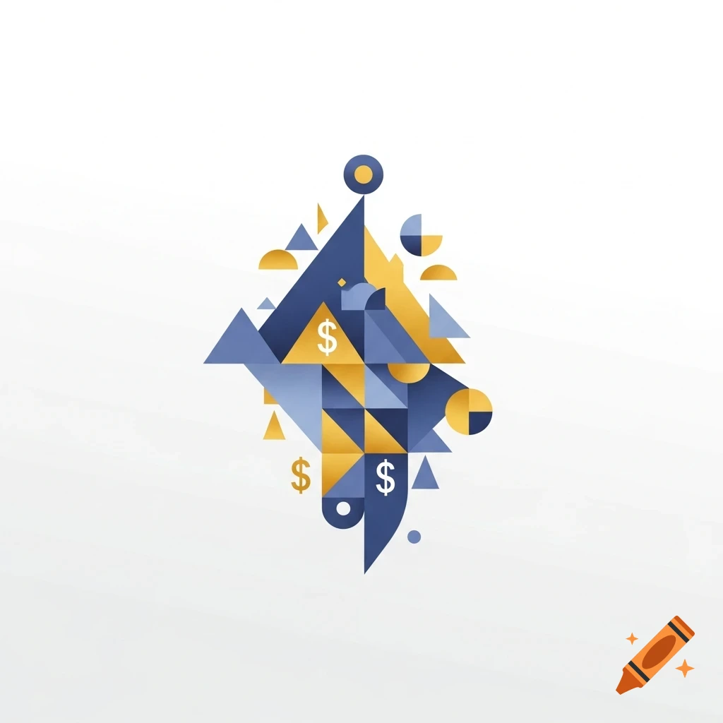 Abstract geometric art with blue and gold shapes and dollar signs.