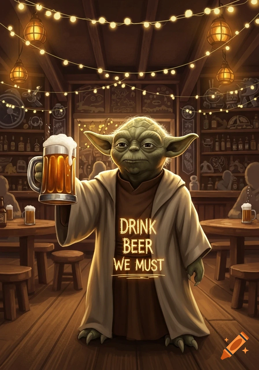Digital illustration of Master Yoda holding a frothy beer mug in a dimly lit tavern, with text 'DRINK BEER WE MUST' on his robes.