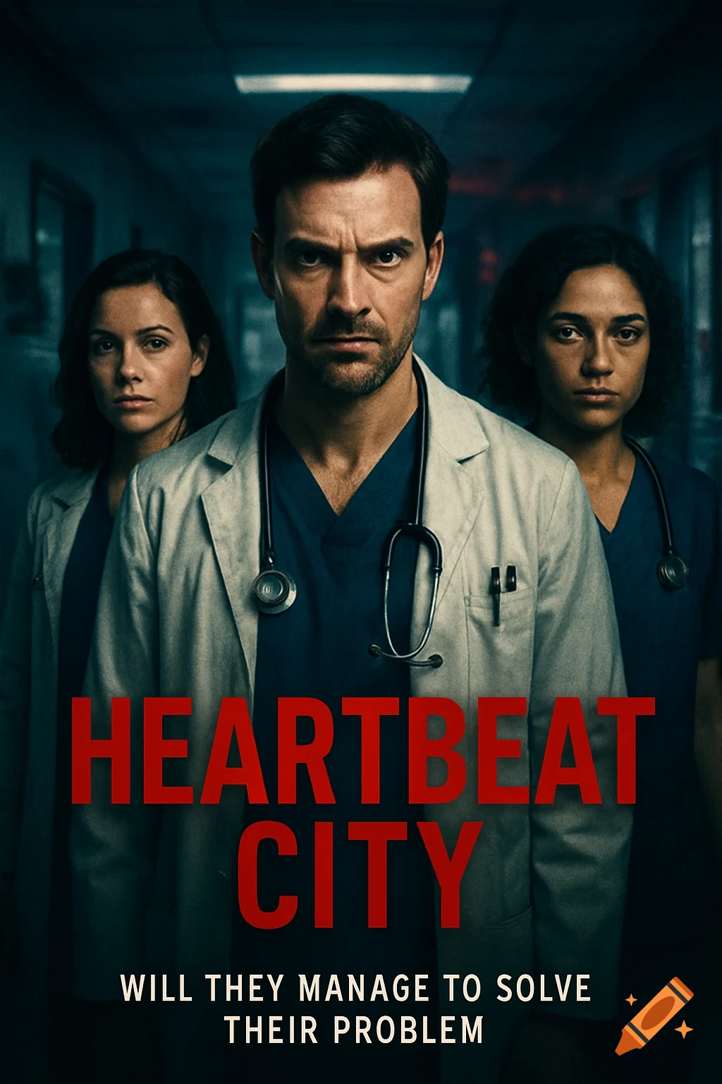 Photorealistic poster for "Heartbeat City" showing three serious doctors in a dimly lit hospital hallway, an intense man in the foreground flanked by two women.