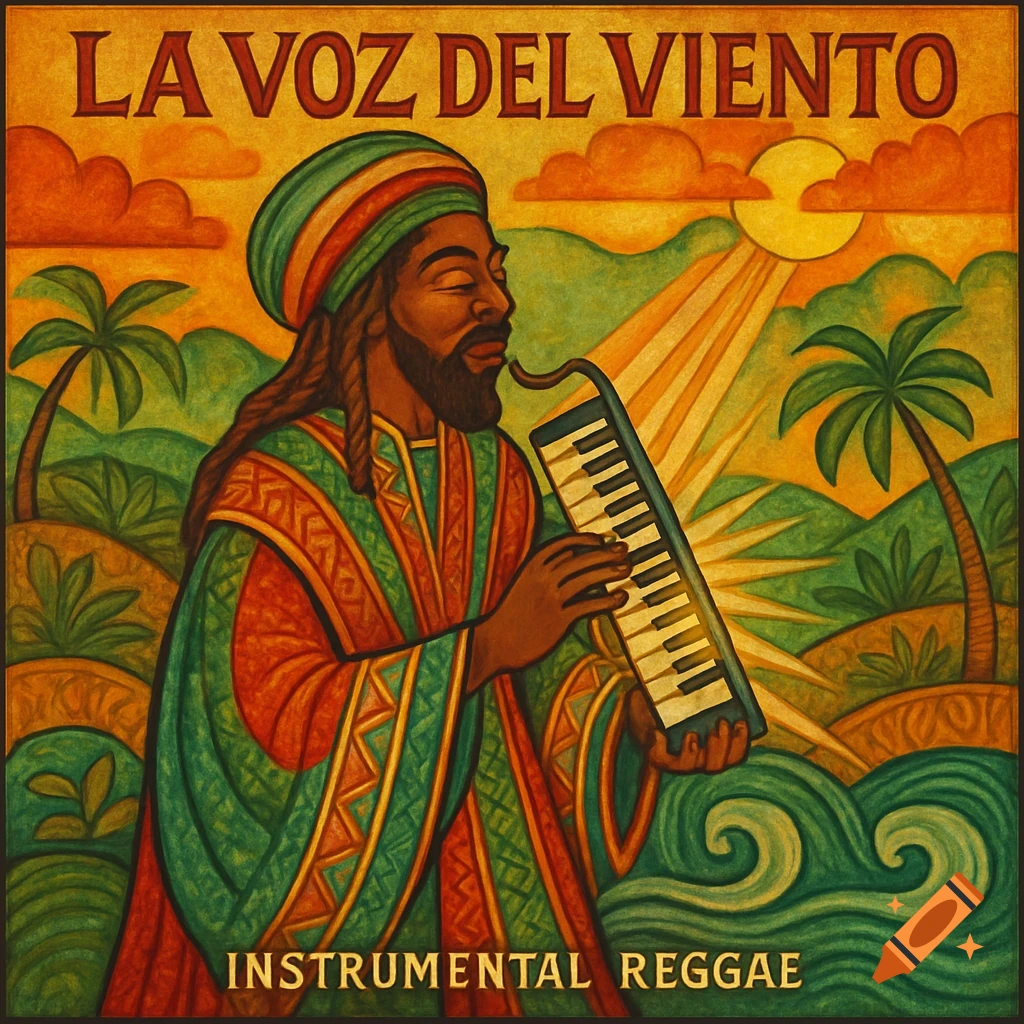 Colorful, stylized album cover of a man with dreadlocks playing a melodica in a tropical landscape, with 'LA VOZ DEL VIENTO INSTRUMENTAL REGGAE' text.