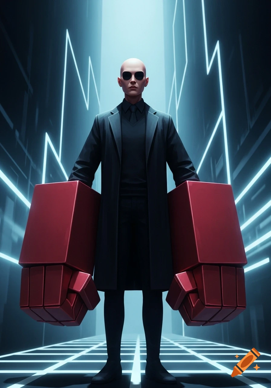 Bald man in a dark suit and sunglasses with oversized rectangular red hands, standing in a futuristic blue neon-lit corridor.