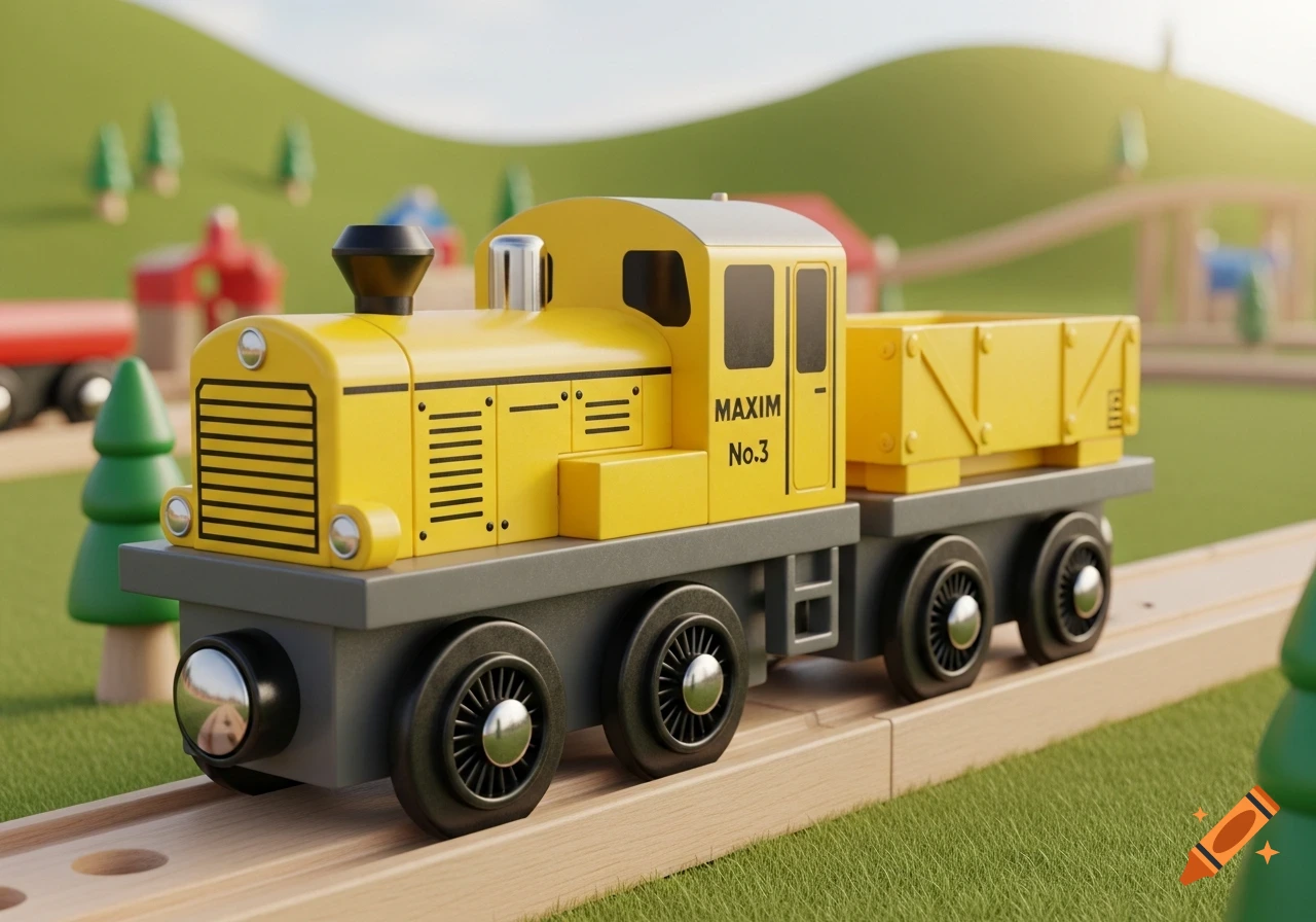 A yellow wooden toy train engine and wagon on wooden tracks in a miniature grassy landscape with hills and trees.